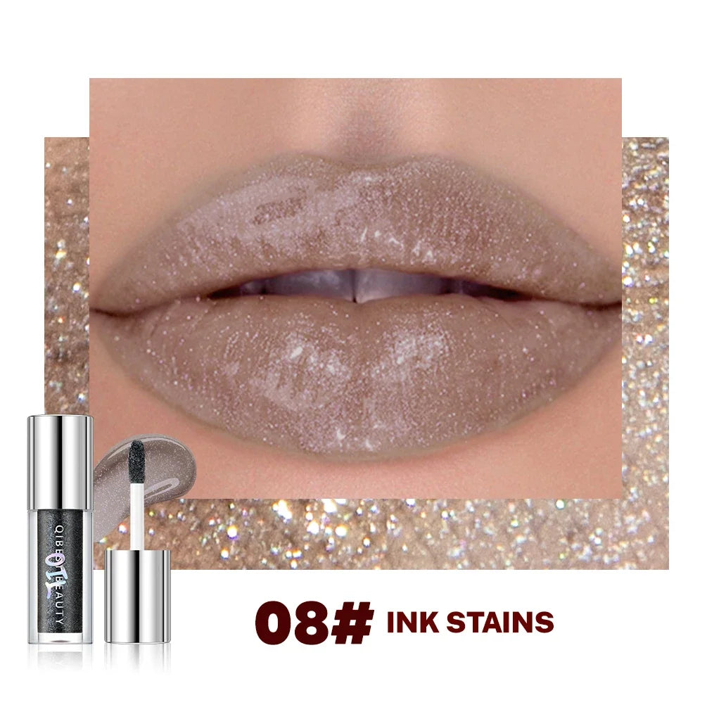 Qibest 8 Colors Moisturizing Diamond Shimmer Glitter Lip Gloss Makeup Sparkling Glitter Liquid Lipstick Pearl Lipgloss Tint Qme 08