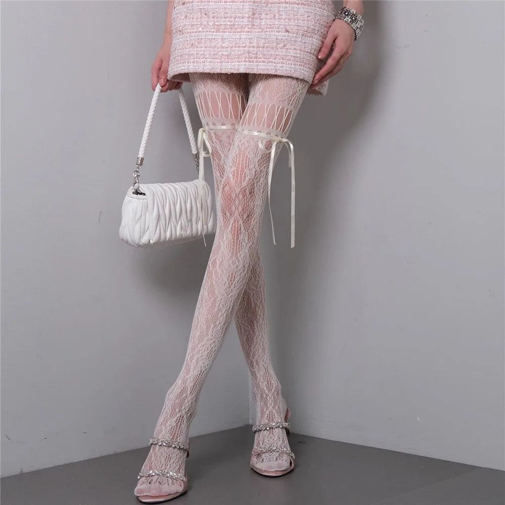 Waist Mesh Lace-up Pantyhose Smooth High-density Shaping Silk Qme White One Size