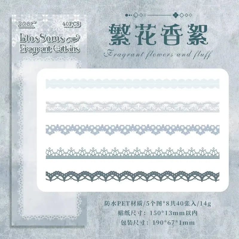 40 pcs Lace Stickers Cute Aesthetics Decor Collage Junk Journal Scrapbooking Supplies Self Adhesive Creative Stationery Sticker Qme D