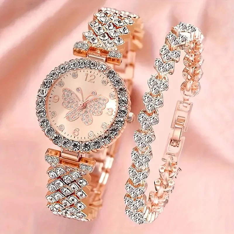 New Women's Watch Butterfly Series Fashion Style Versatile Personality Full Diamond English Steel Belt Watch Qme Rose