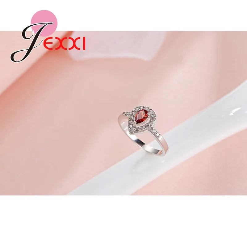 925 Sterling Silver Color Ring Waterdrop Shape Ornament Fire Red Crystal Stone For Women Female Gift Qme
