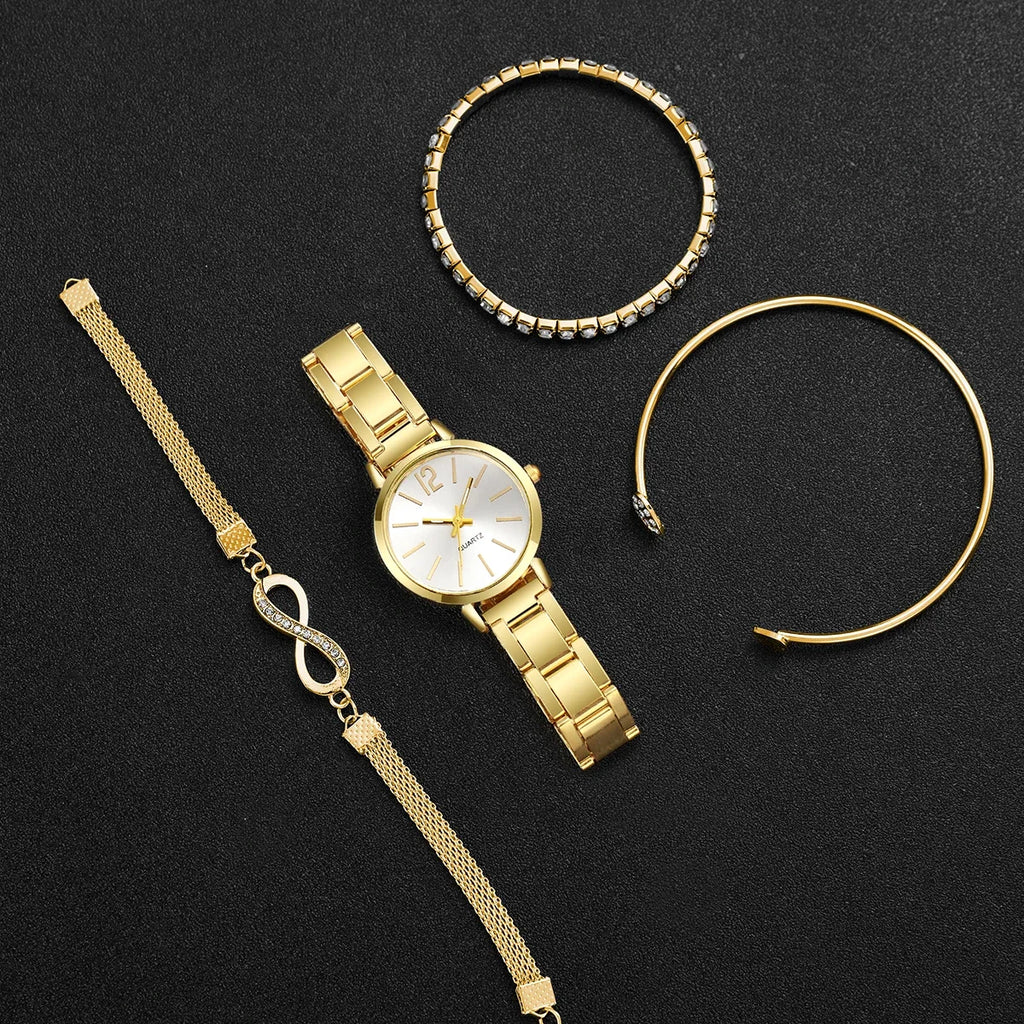 4 Pcs Women's Watches Fashion Small Dial Ladies Quartz Watch Gold Band Steel Wrist Watches Bracelets Set Watch Mujer Qme