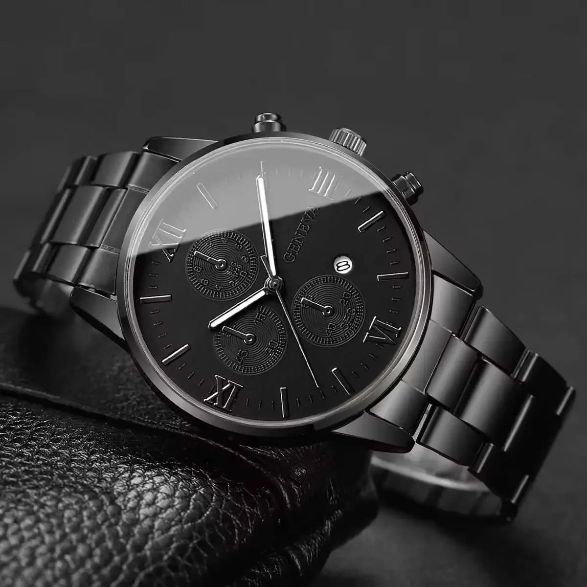Business Fashion Three-Calendar Men's Watch Steel Band Glass Quartz Qme