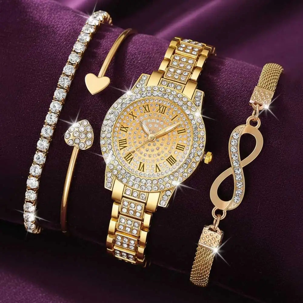 Golden full diamond Roman dial women's watch heart opening bracelet infinite symbol bracelet with fine diamond arrangement Qme Gold
