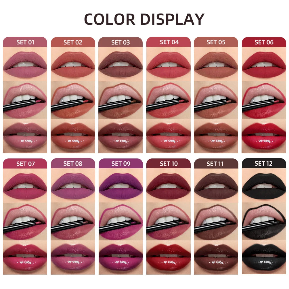 QIBEST Matte Liquid Lipstick&Lip Liner&Lip Gloss 3Pcs Sets Long Lasting Non-stick Cup Red Black Purple Lip Tint Cosmetics Kits Qme