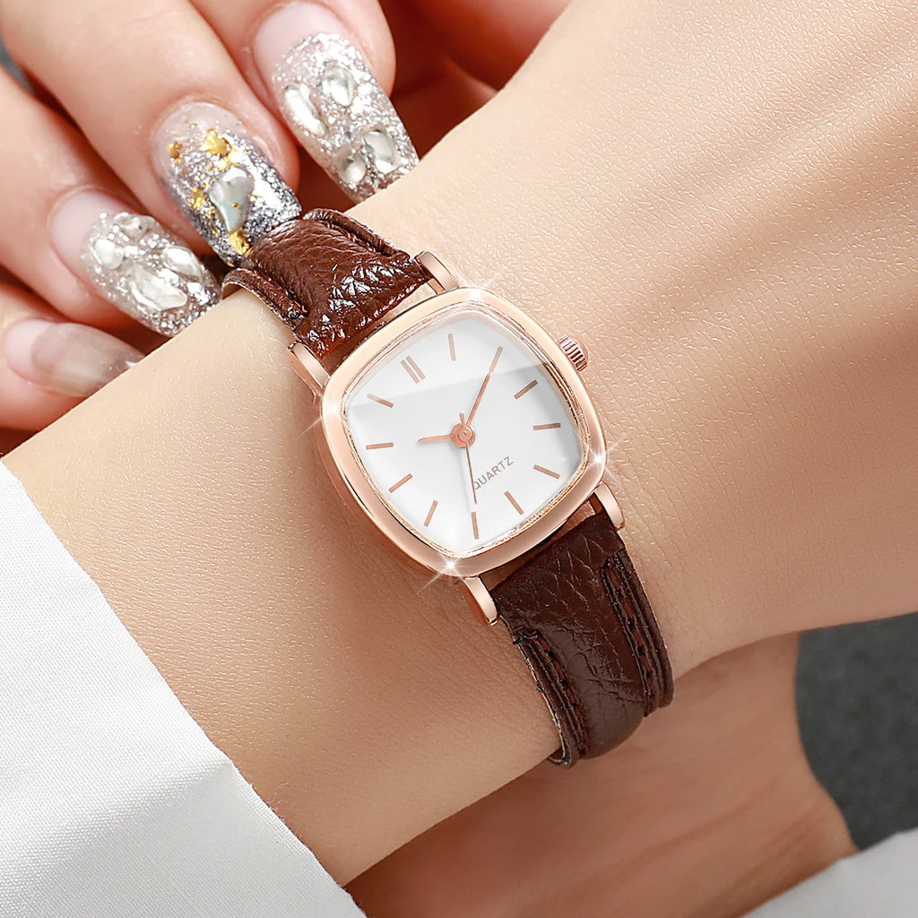 Women's Minimalist Square Quartz Watch, Rose Gold Tone Case with Brown Leather Strap, Casual Fashion Accessory Qme
