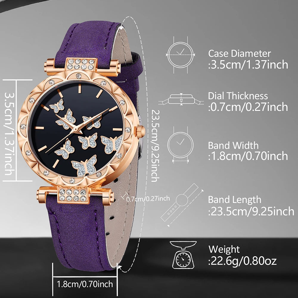 Rose Gold Ladies Purple Leather Watch Set Black Butterfly Glitter Dial Full Matching Purple Butterfly Pearl Jewelry Qme