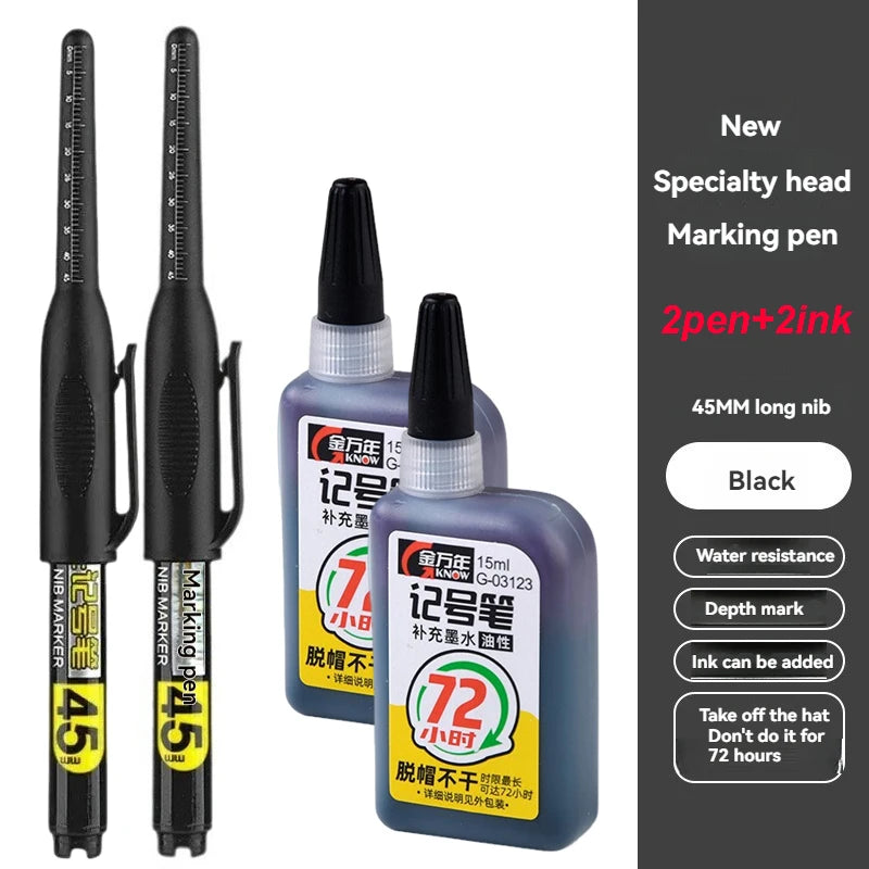 45mm Waterproof Long Head Nib Deep Hole Markers Pen Tile Carpenter Pen Multi-purpose for Woodworking Black/White/Red Ink Qme 2 pens 2 inks black