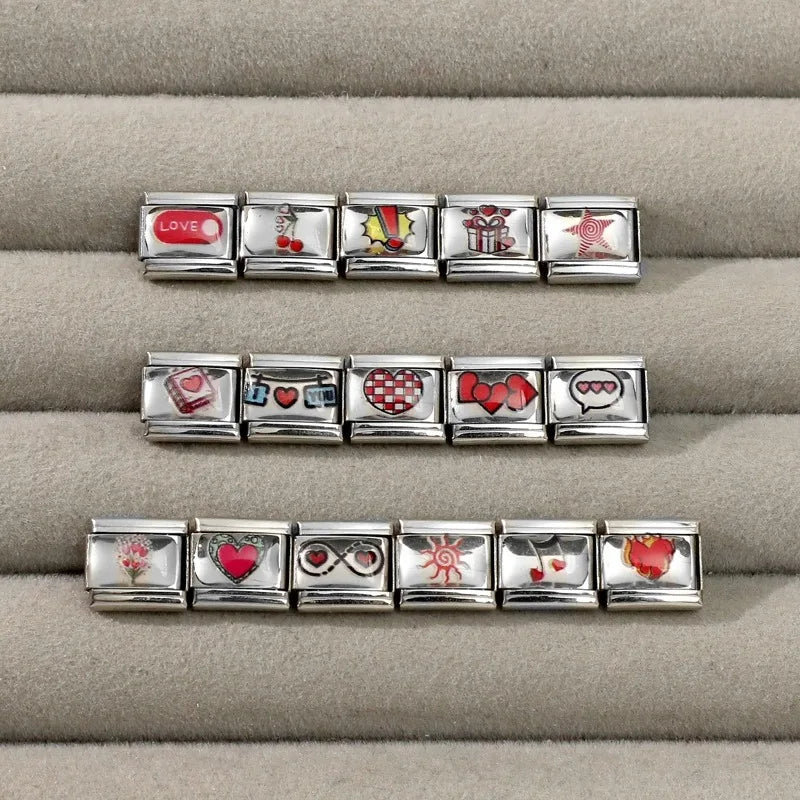 New Y2K Red Series Colorful Love Heart Gift Sun Star Italian Charm Link fit 9mm Stainless Steel Jewelry DIY Making Bracelet Gift Qme