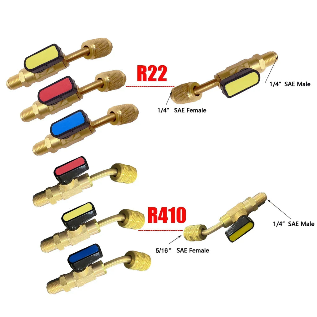 Refrigerant Angled Shut-Off Ball Valve Adapter 1/4" SAE R22 R12 R410a Air Conditioning Charging Hoses AC Refrigerant Tools Qme