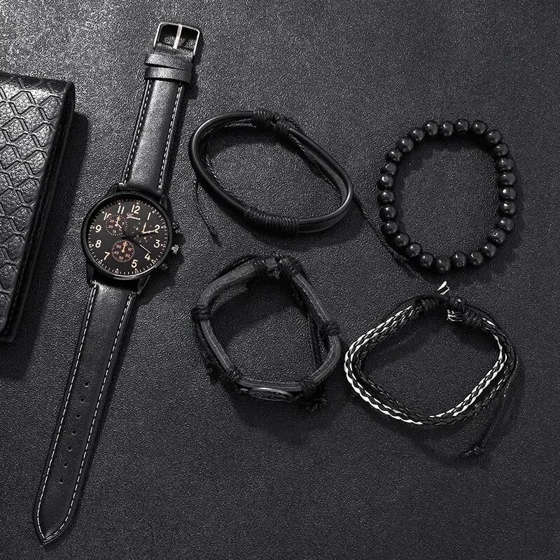 2026 Men's quartz casual three eye PU leather watch fashionable and versatile quartz business watch set Qme