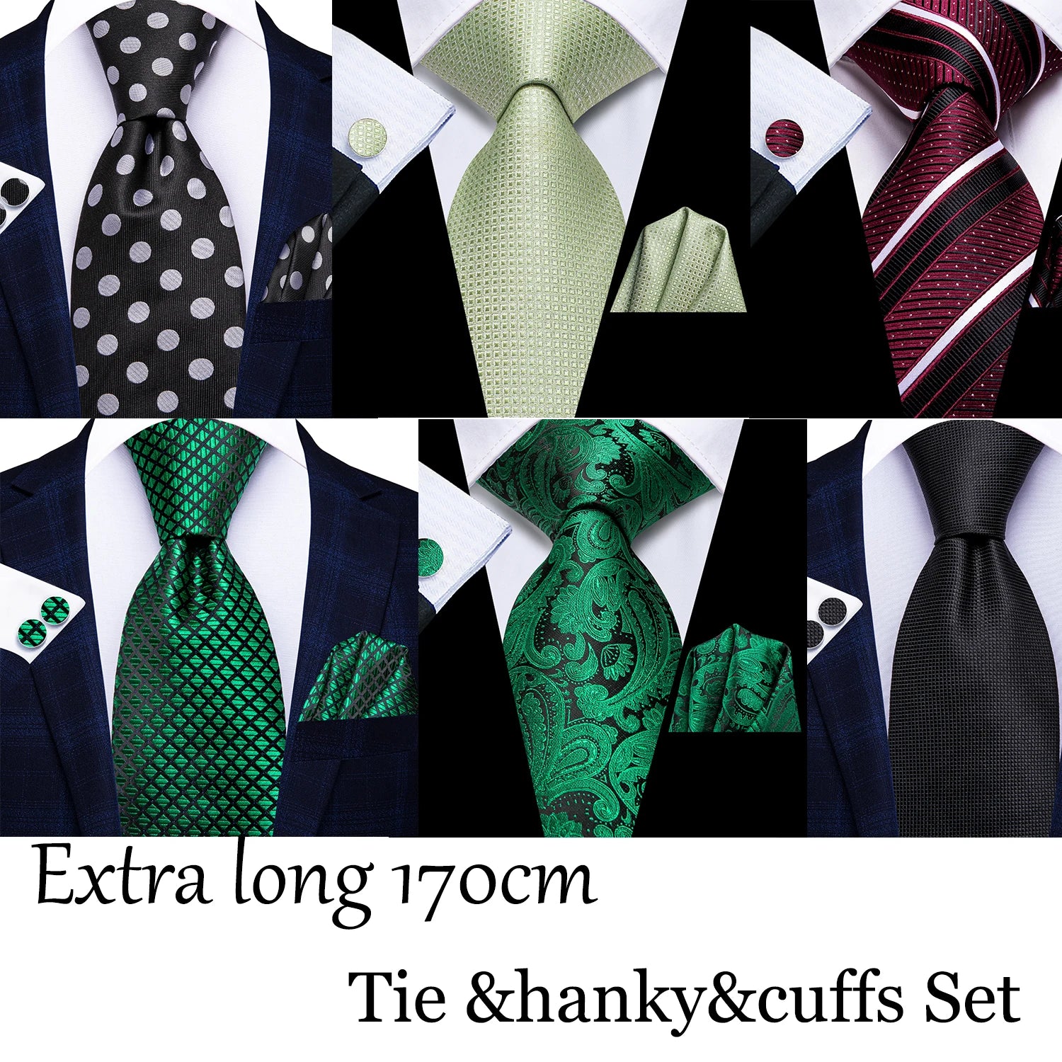 Hi-tie Extra Long Black Dots Men's Elegant Tie Handkerchief Cufflinks Qme