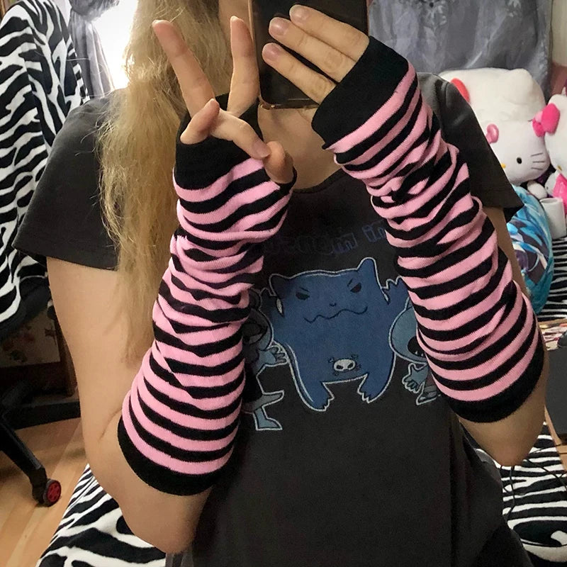 Women Fashion Lady Striped Elbow Gloves Warmer Knitted Long Qme
