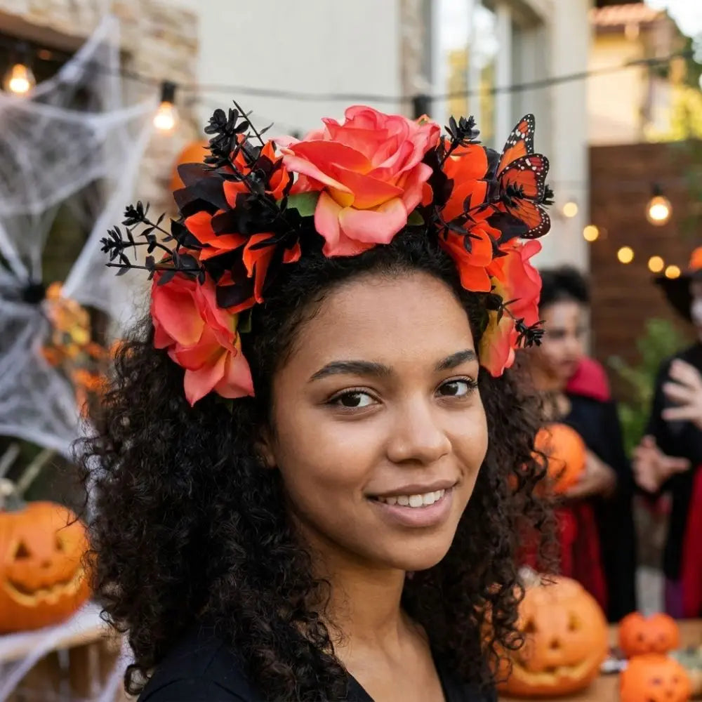 Gothic Halloween Rose Flower Crown with Butterfly Realistic Artificial Flower Headband Simulated Vintage Qme