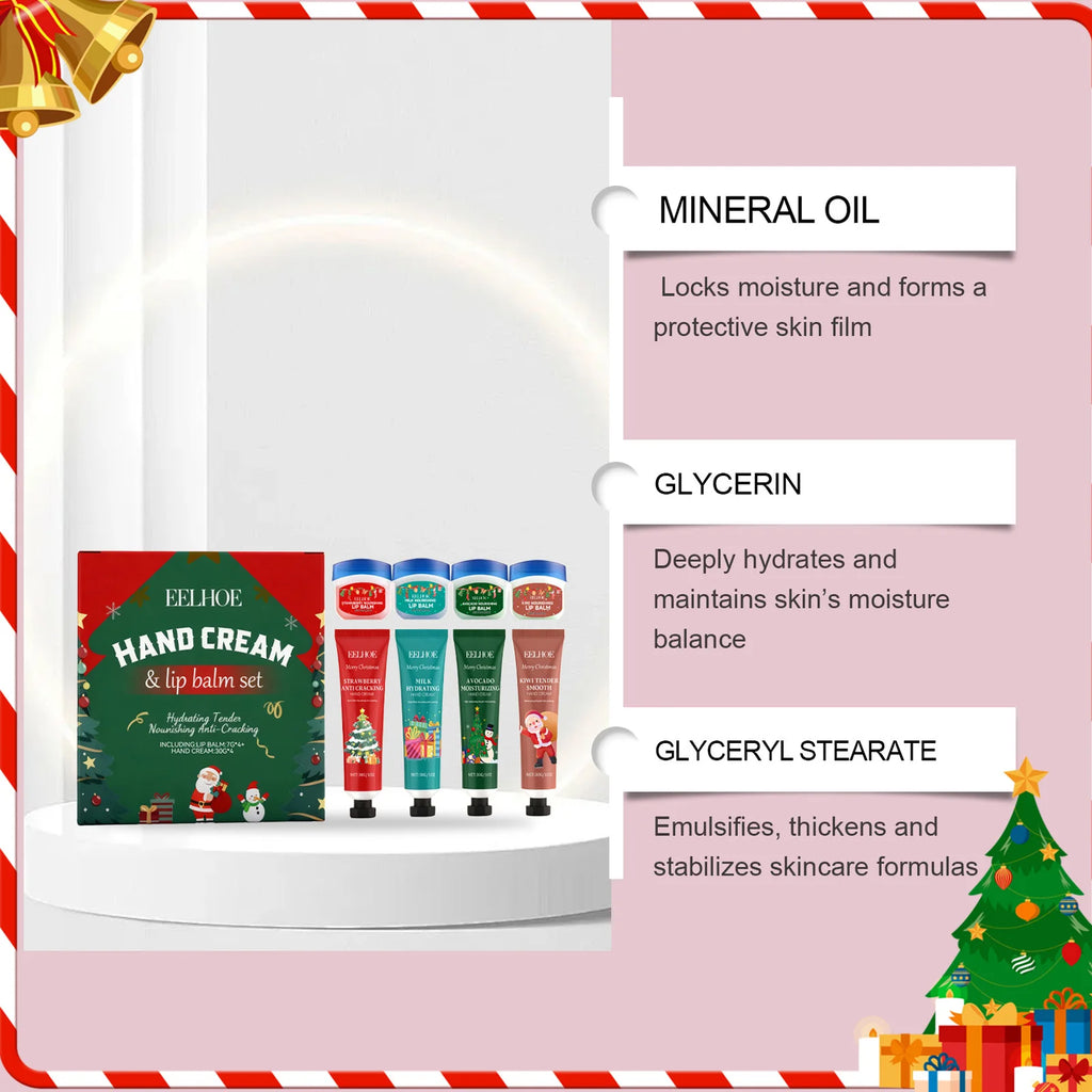 Christmas Hand Cream Lip Balm Set Gift Box Nourishing Moisturizing Anti-dry Cracked Softening Skin Festive Holiday Present Qme