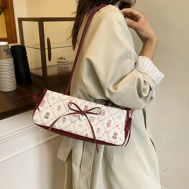 Sweet Bow Shoulder Bag Cartoon Print Underarm Bag Female Tote Bag Versatile Large Capacity Commuter Handbag Holiday Gift Qme