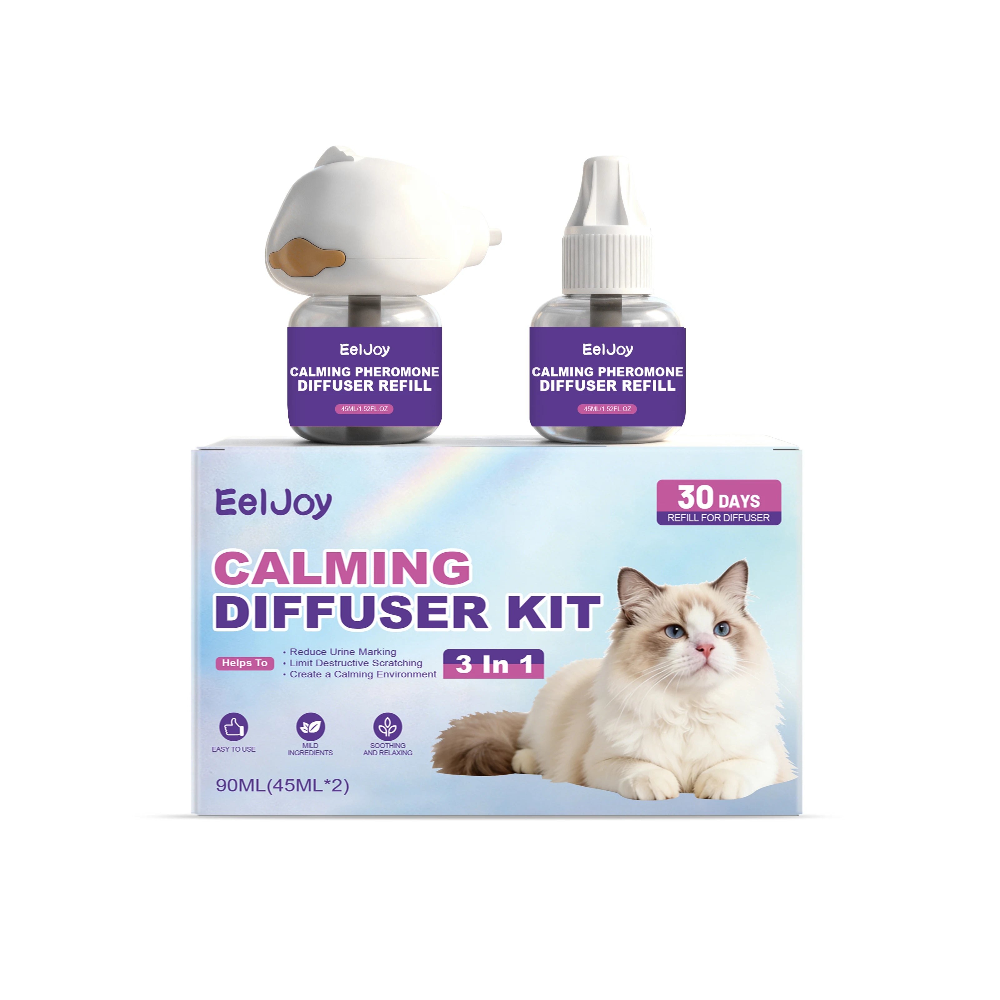 Cat Calming Pheromone Diffuser Kit Anxiety Relief Reduce Scratching Behavior Adapt Environment 3-in-1 Plug-In Calming Diffuser Qme 1pcs Boxed