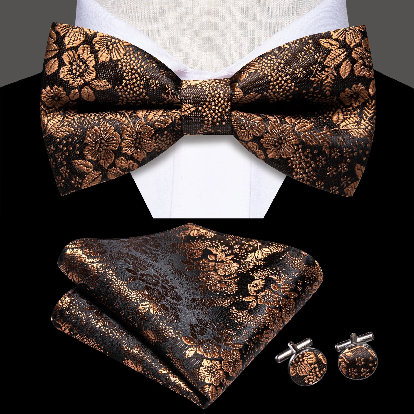 Hi-tie Mens Bow Tie Hanky Cufflinks Light Yellow Brown Floral Clean Qme LH-2666