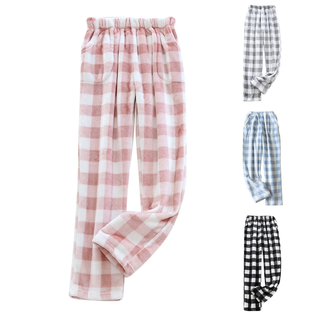 Comfortable Winter Thick Plaid Women's Flannel Pajama Pants High Waist Loose Casual Straight Big Size Fleece Warm Home Trousers Qme
