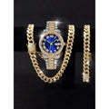 Men's Hip Hop Iced Out Jewelry Combo, Two-tone Gold Silver Plated Diamond Watch + Cuban Chain + Bracelet, Fashion Accessory Qme Red