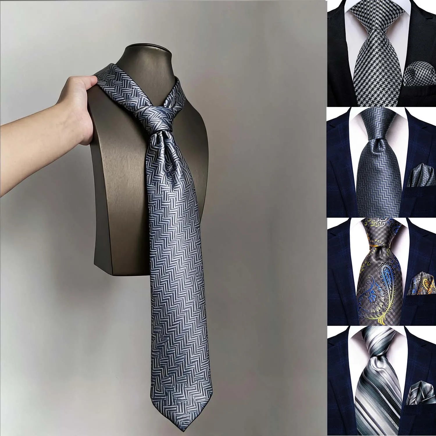 Grey Classic Men Necktie Pocket Square Formal Wedding Silk Business Qme