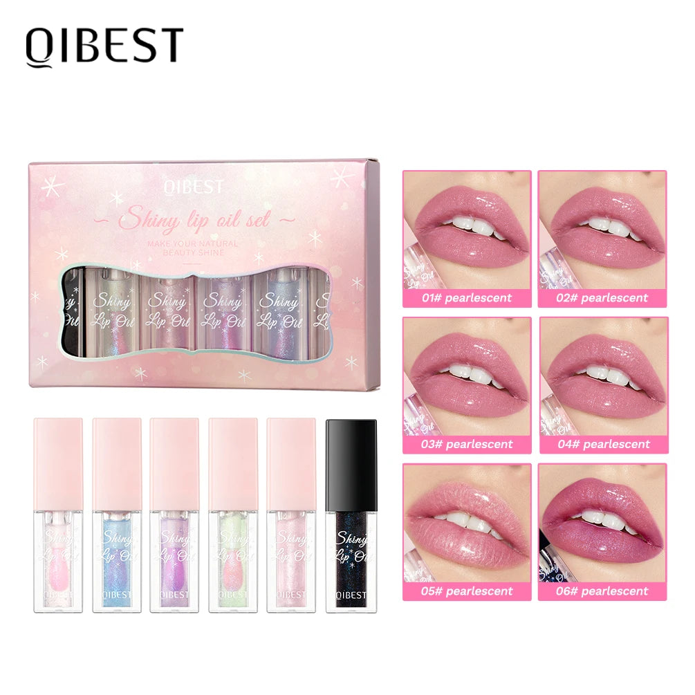 QIBEST Shimmer Lip Oil Gloss Sets Lip Plumper Moisturizing Makeup Color Change Lipgloss Glitter Tint Lip Balm Glossy Cosmetics Qme