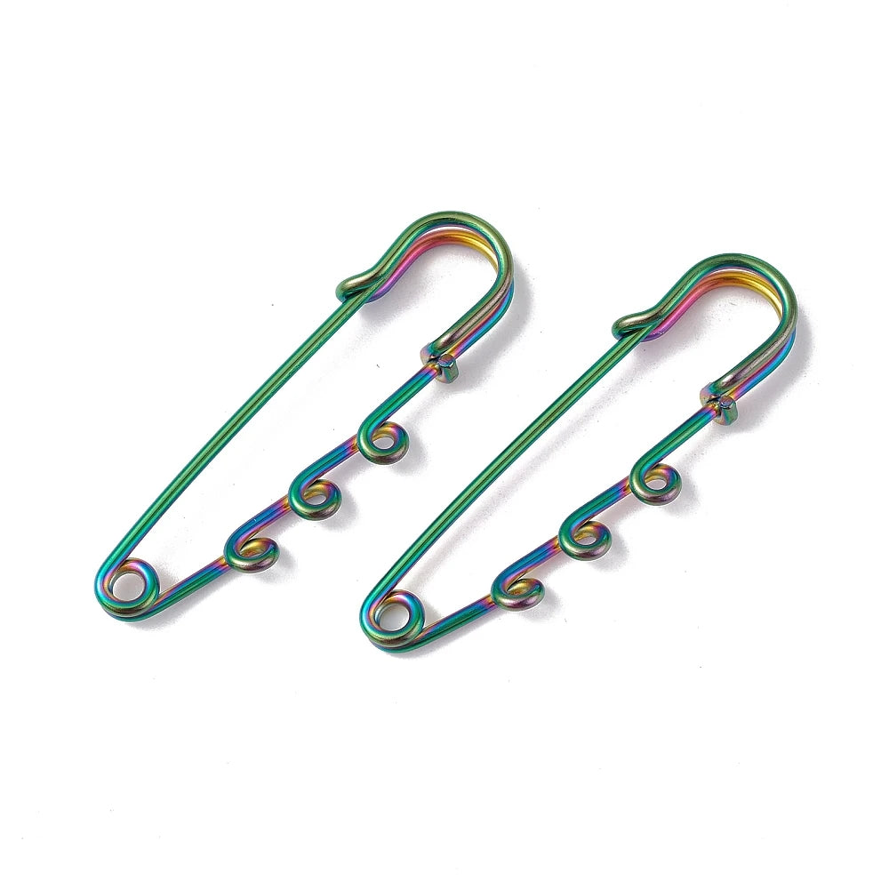 PandaHall 20pcs IP Plated 304 Stainless Steel Safety Pins, Triple Loop Brooch Findings 51x16x7mm, 1.3mm Pin for Lapel Pin Making Qme Rainbow Color