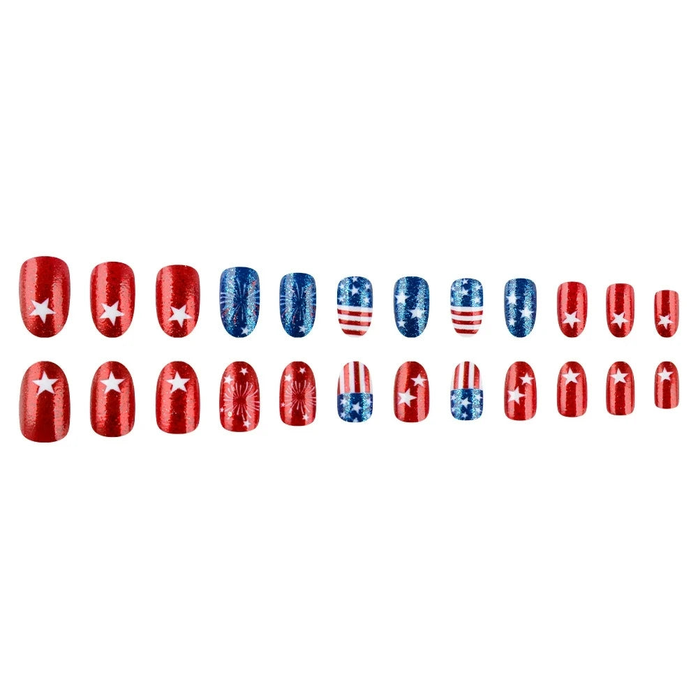 Independence Day Short Oval Nail Tips Glitter Star Firework Press On Nails Removable Reusable Fake For Women Daily Party Qme