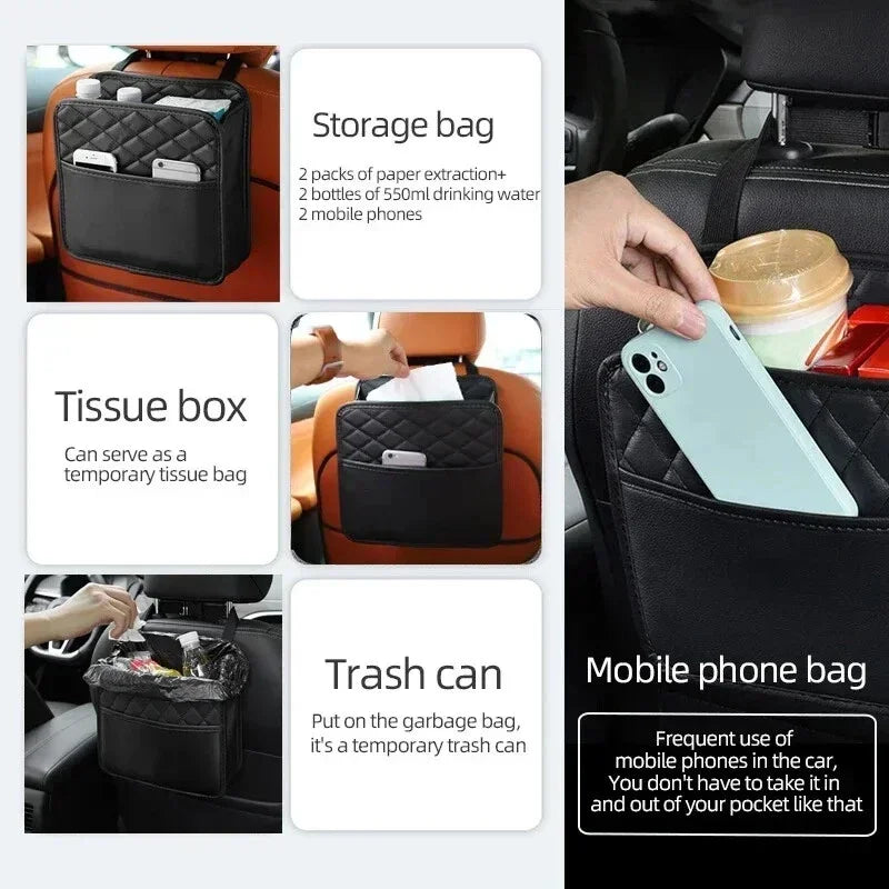 Car Seat Back Storage Bag Leather Auto Organizer Trash Can Holder Qme