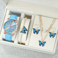Women's Quartz Watch Set, 5 Pieces, Paired with Blue Butterfly Jewelry, Zinc Alloy Round Case, PU Leather Bracelet Qme SKY BLUE