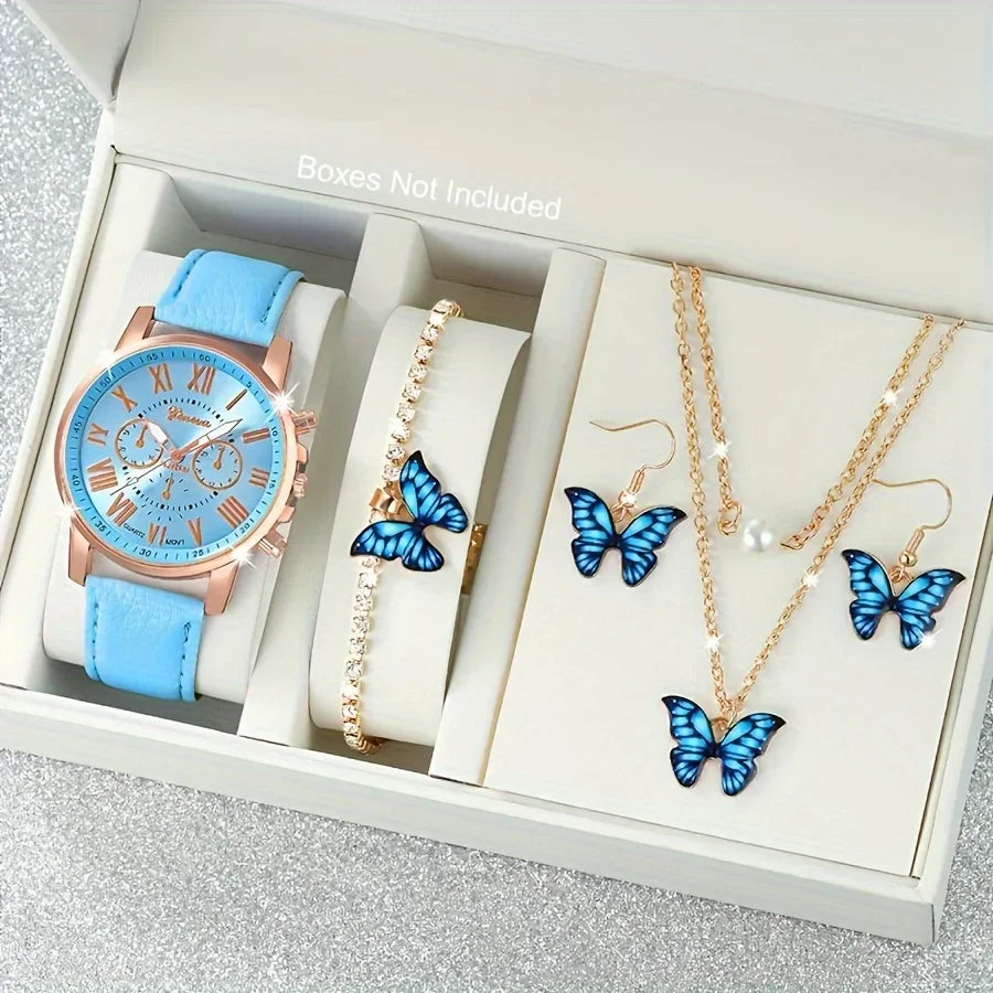 Women's Quartz Watch Set, 5 Pieces, Paired with Blue Butterfly Jewelry, Zinc Alloy Round Case, PU Leather Bracelet Qme SKY BLUE