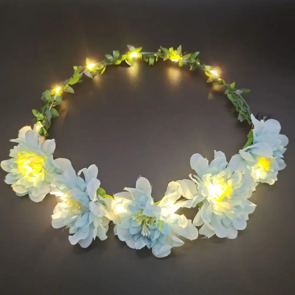 Simulation Rose Flower Wreath Headband Tiara LED Light Crowns Qme Q
