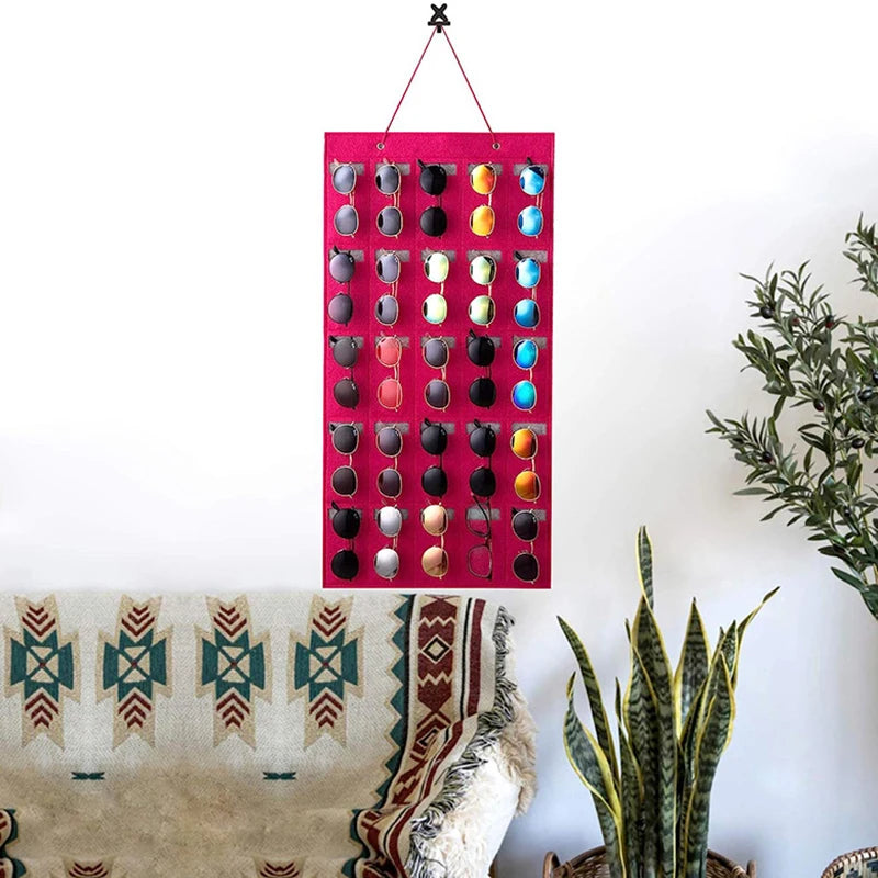 Wall Display 25 Slots Sunglasses Organizer Storage Sturdy Rope Felt Qme Rose red