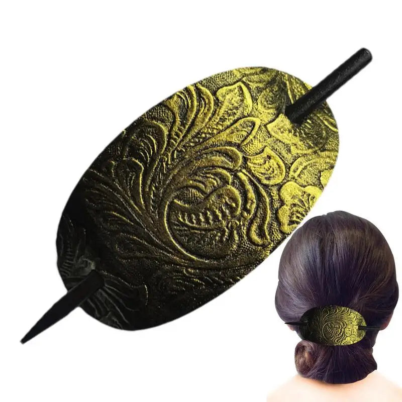 Leather Hair Barrette Stick Oval Shape Faux Ponytail Holders Vintage Qme Brown france