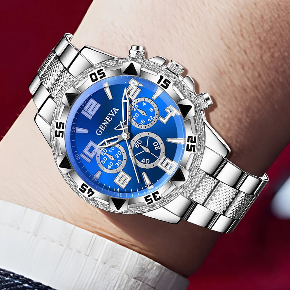 2PC Men's Watch Set Business Blue Round Dial Quartz Watch Set, the perfect gift for friends or fathers (no box) Qme