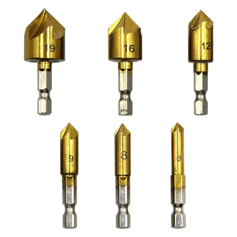 6PC Hexagonal Handle Titanium Plated Five Edge Chamfering Knife Countersunk Drill 6-19mm Woodworking Spot Facer Tool Set Qme 6pcs
