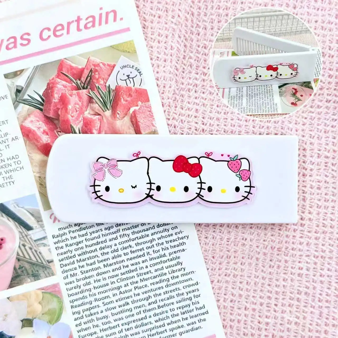 Cute Mini Hello Kitty Comb Cartoon-Style Folding Bangs Comb Portable Fine-Tooth Comb with Mirror Qme 5