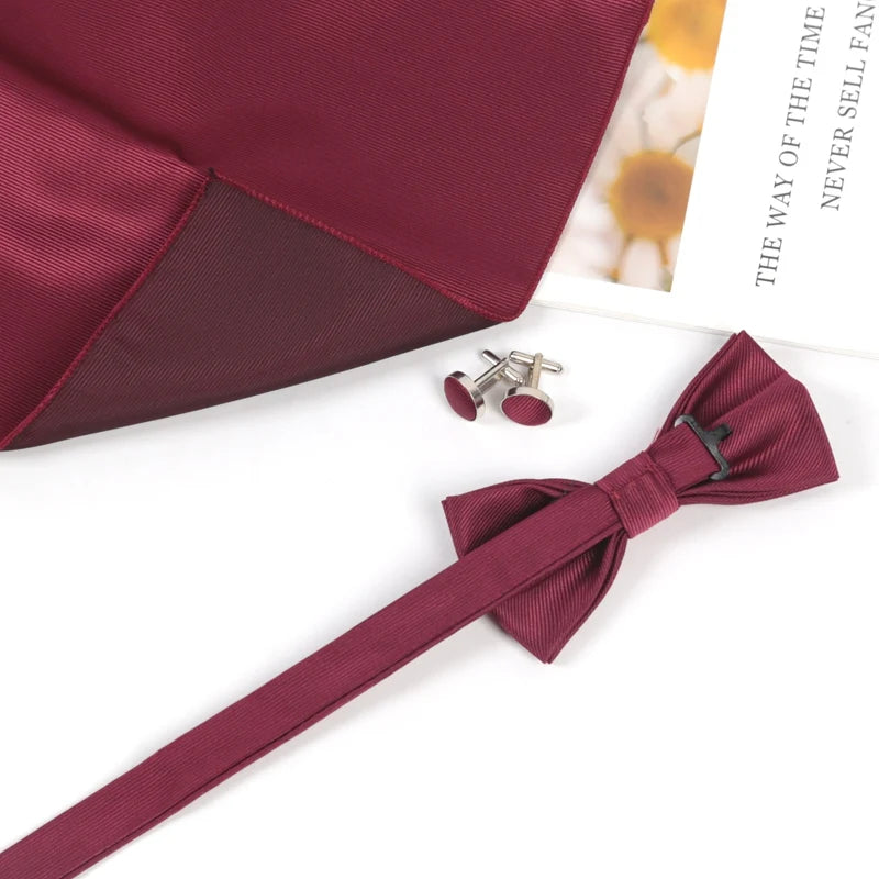 Men's Solid Bow Tie Sets Including Exquisite Cufflinks Soft Qme