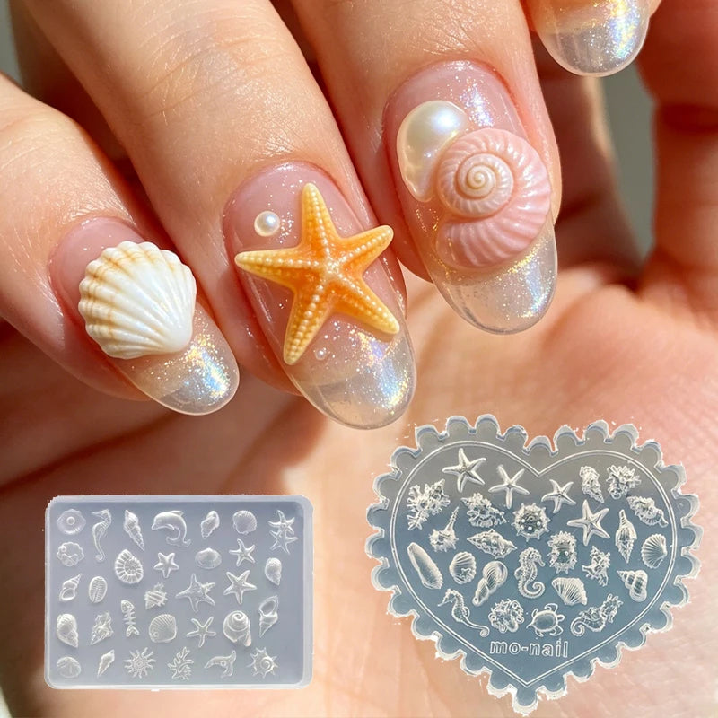 3D Seashell Nail Art Mold Silicone DIY Ocean Starfish Conch Dolphin Nail Design Molds High Transparent Nail Art Carving Template Qme