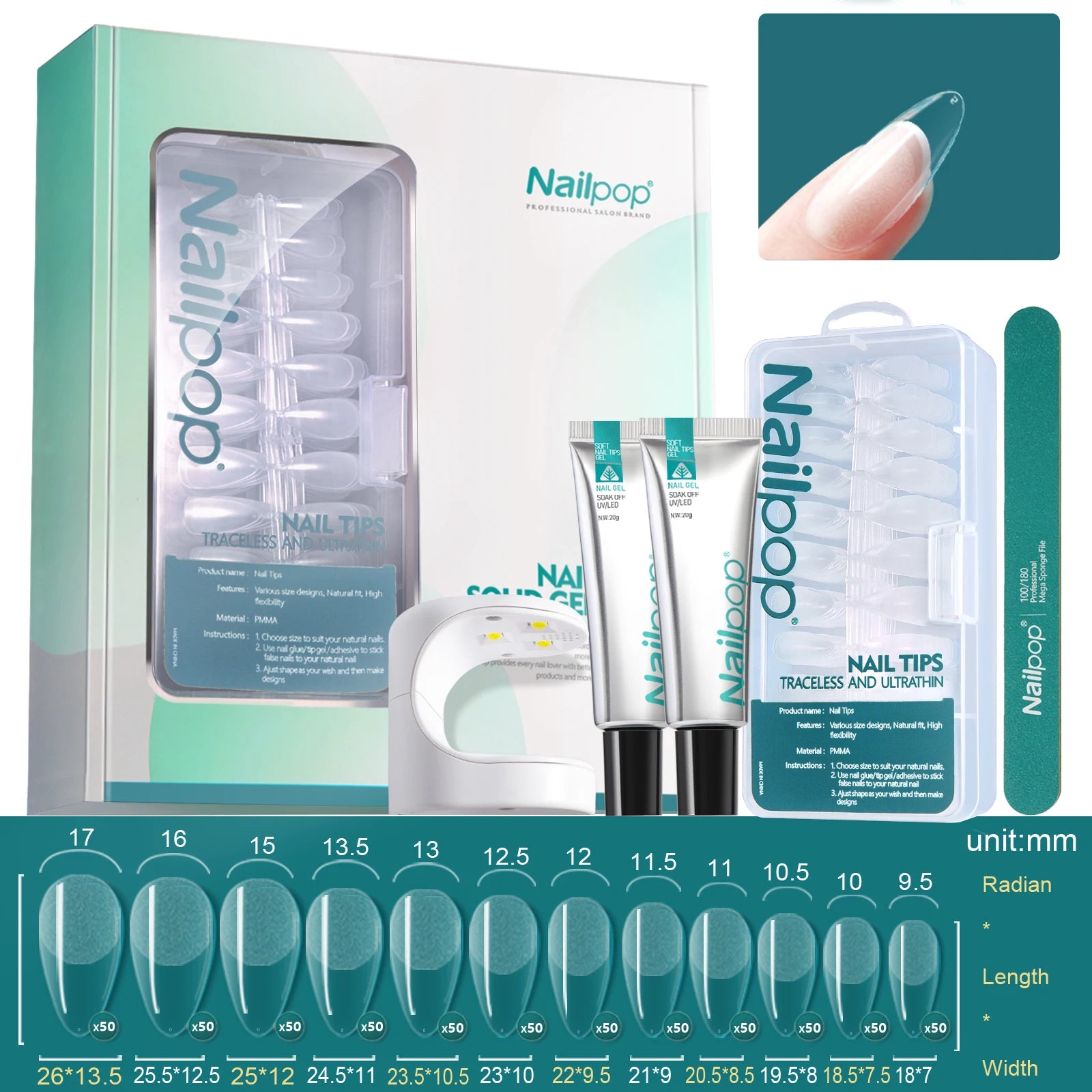 Nailpop Salon Nail Soft Gel Polish UV LED Lamp Tips Double File DIY Qme MJT-SET-62c
