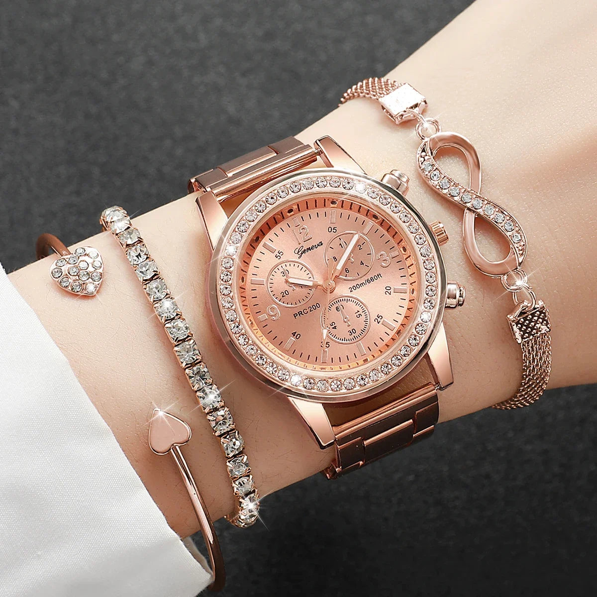 Elegant Sparkling Rhinestone Women Gift Set, GENEVA Gold Tone Chronograph Watch Matching Diamond Heart Infinity Jewelry Bracelet Qme Pink