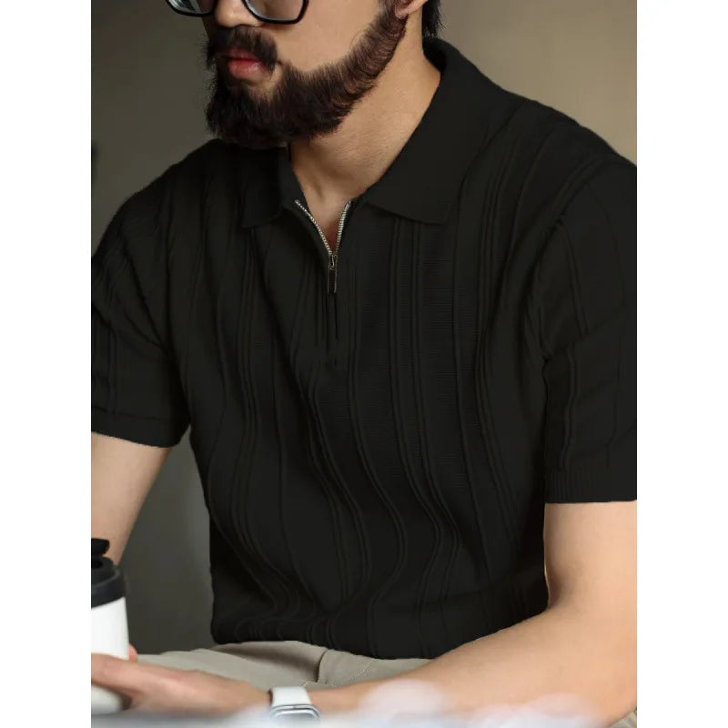 High-quality Zipper Knit Thin Ice Silk Short-sleeve Polo Shirt Qme black XL