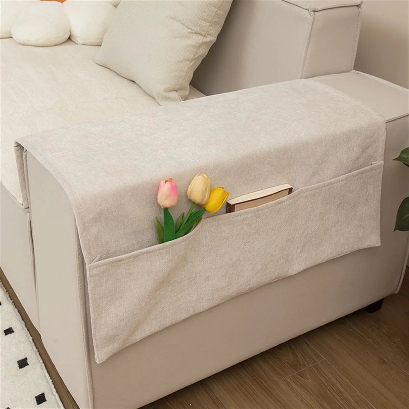 Sofa Armrest Organizer with Pockets Sofa Armchair Storage Bag Non-Slip Hanging Couch Pouch for TV Remote Control Cellphone Bag Qme White