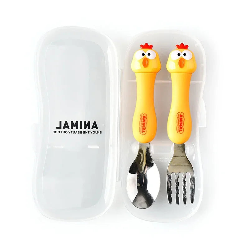 Cartoon Animal Kids Spoon and Fork Set Dessert Spoon for Children Fork Baby Tableware Gadgets Children's Cutlery Kids Favours Qme Chicken Set