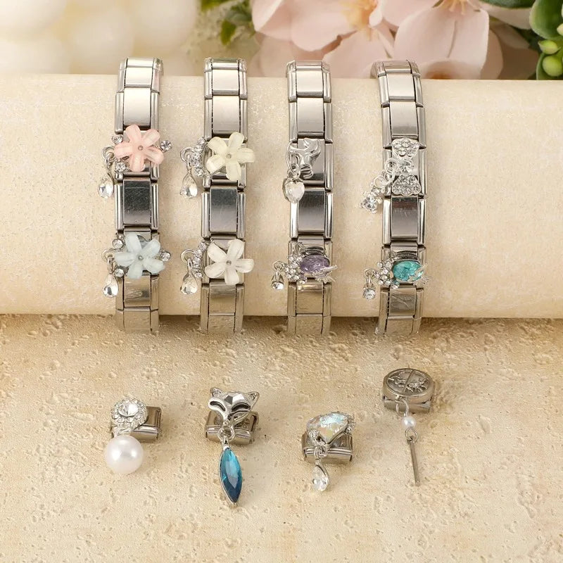 Shiny Colorful Heart Cats Bowknot Flower Zircon Water Drop Italian Charm Links Fit 9mm Stainless Steel Bracelet Women DIY Making Qme