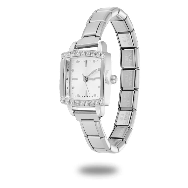 Fashion Women's Men's DIY 9mm Width Italian Elastic Charm Stainless Square Shiny Zircon Watch Bracelet Bangle For Birthday Gifts Qme Style 24