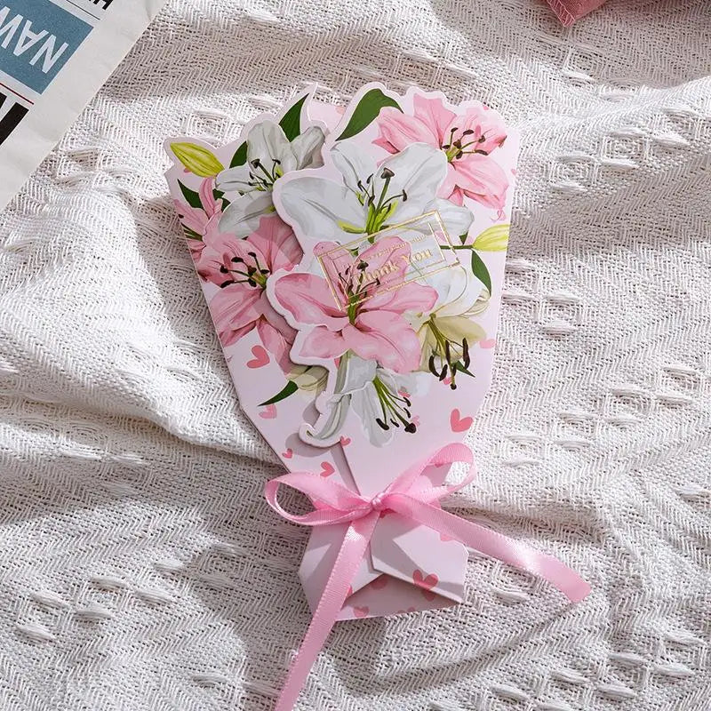 3D Bouquet Bow Hot Stamping Greeting Card Valentine's Day Wedding Bouquet Invitation Letter Holiday Blessing Gift Message Card Qme lily Th