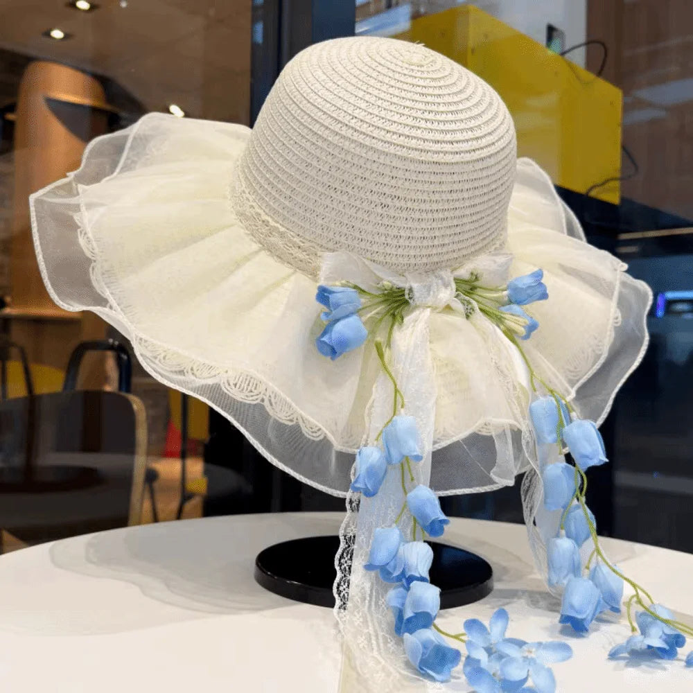 Summer Bonnet Wide Brim Straw Hat Lace Bowknot Floral Tassel Sun Cap Qme Style 3