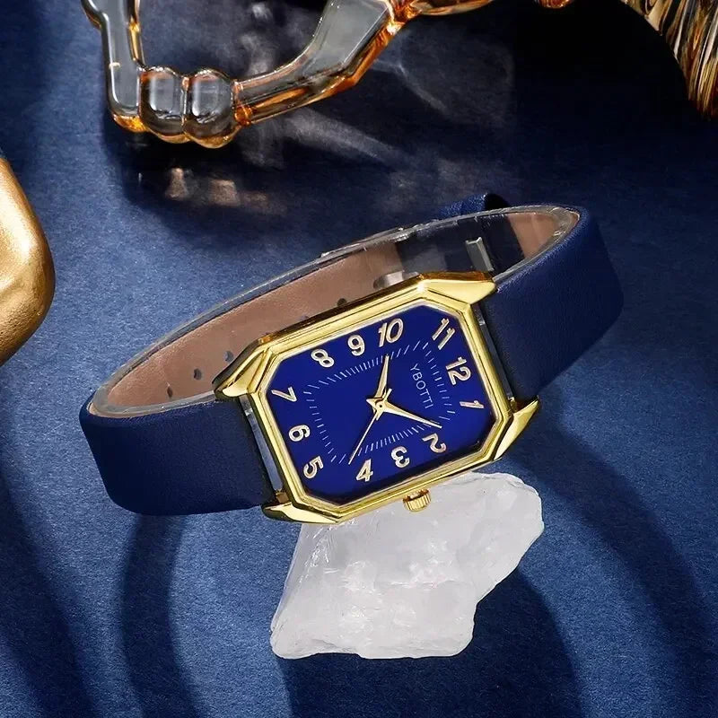 Luxury Fashion Square Women's Watches Brand Ladies Quartz Wristwatch Classic Simple Femme Blue Leather Band Relogio Feminino Qme