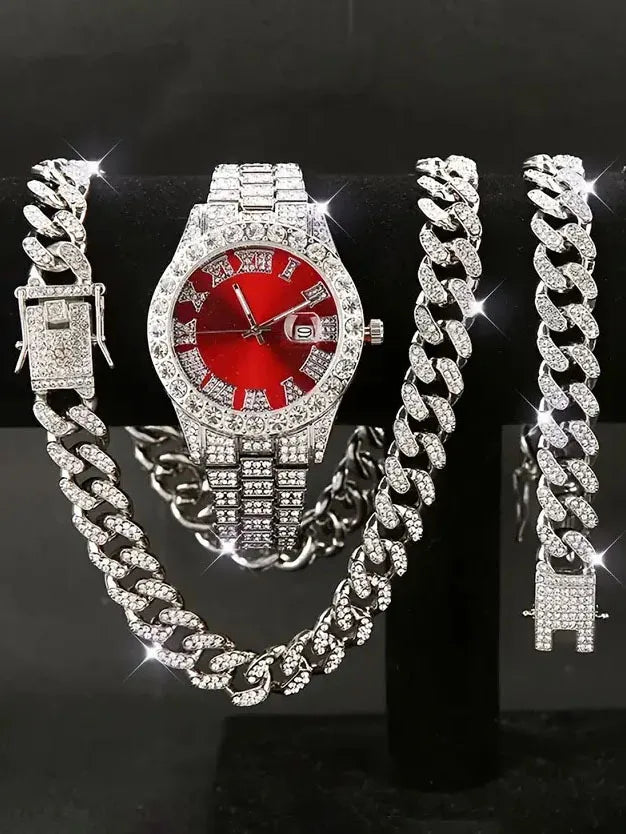 Hip hop Watch Set with Diamond Bracelet Necklace Quartz Hiphop Watch Essay Watch Large Dial Set Qme Rose